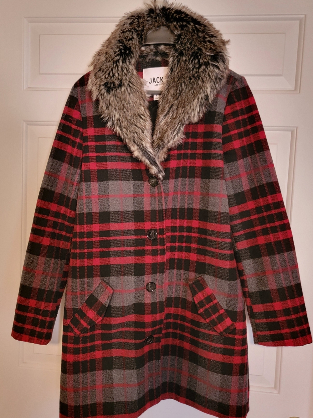 BB Dakota Red, Gray & Black Plaid Pea Coat with Faux Fur Shawl Collar
